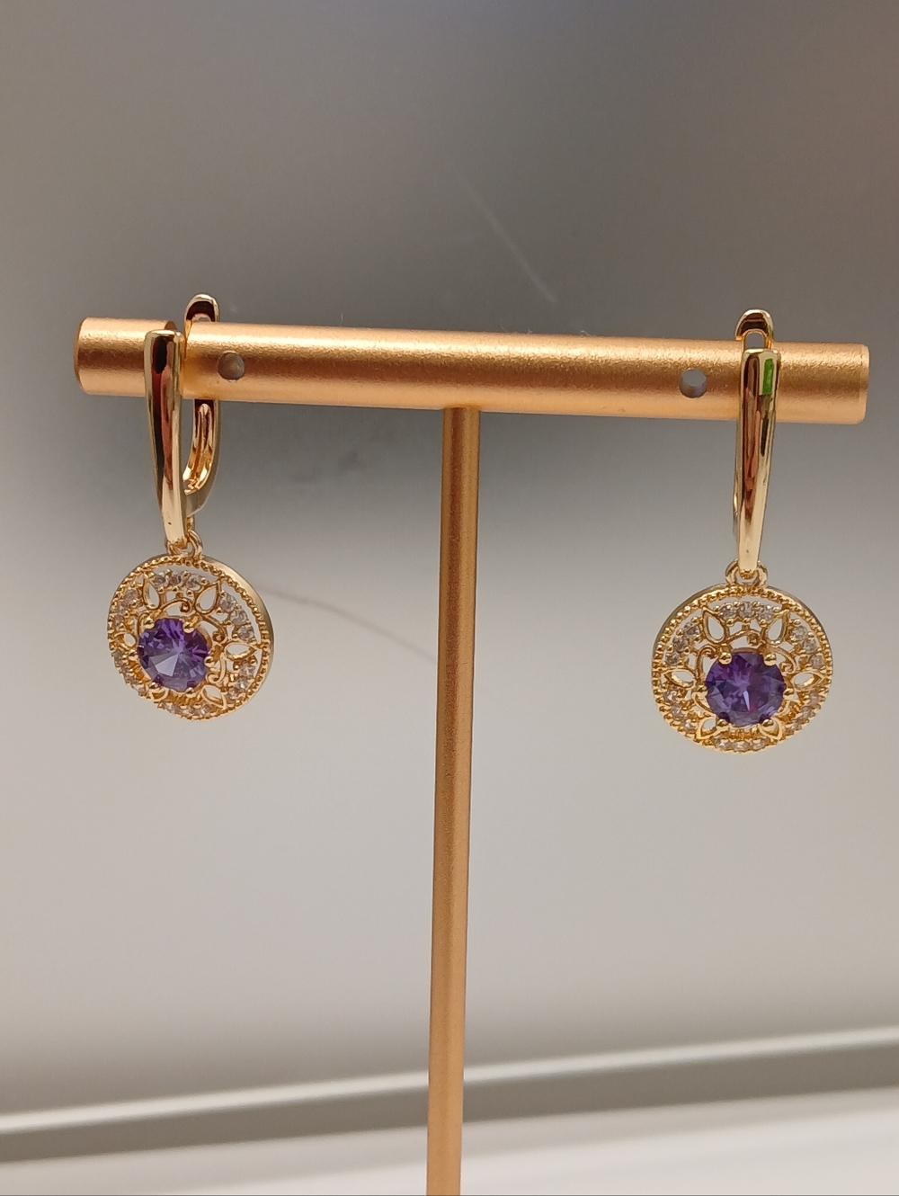 NEW! 18k Yellow Gold Plated Filigree Dangle Earrings W Purple AAA CZ Pretty Bird